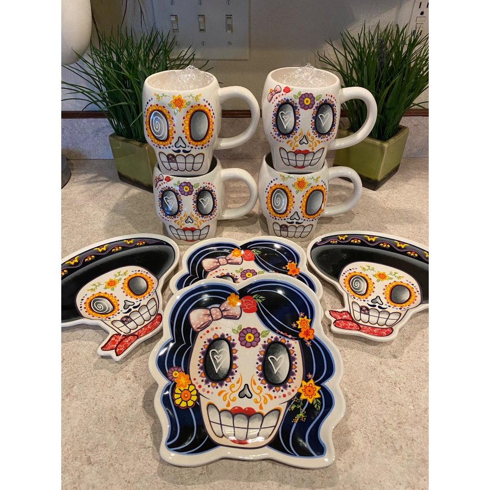 Magenta Day of the Dead 8pc Mug and Appetizer Plates